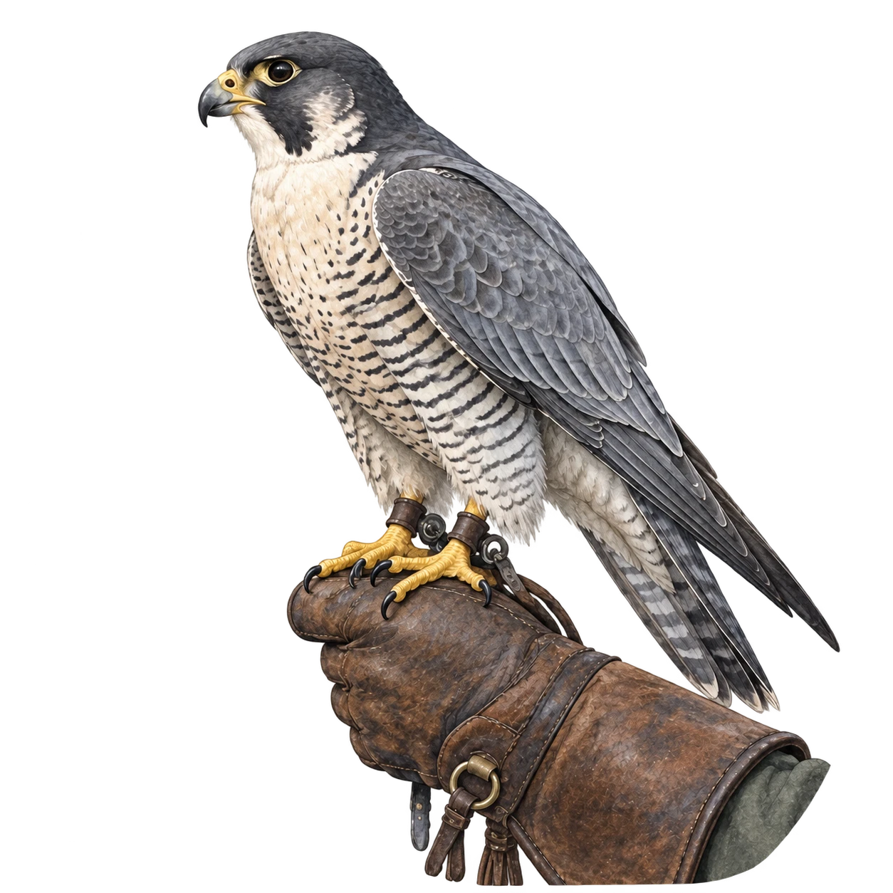 Ein Wanderfalke sitzt auf einem ledernen Falknerhandschuh