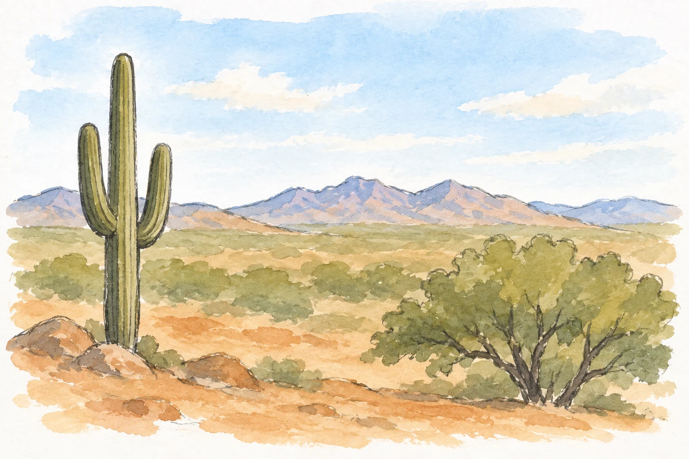 Halboffenes Wüstenbuschland mit Mesquite-Bäumen und Saguaro-Kakteen im Südwesten Nordamerikas