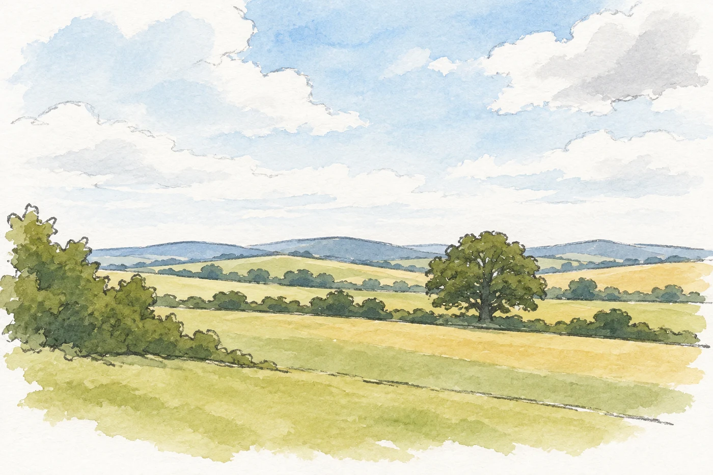 Offene Wiesen, Felder und strukturreiche Heckenlandschaft