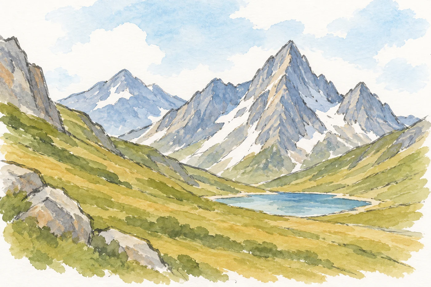 Offene Berghänge mit Felsen und alpinen Matten