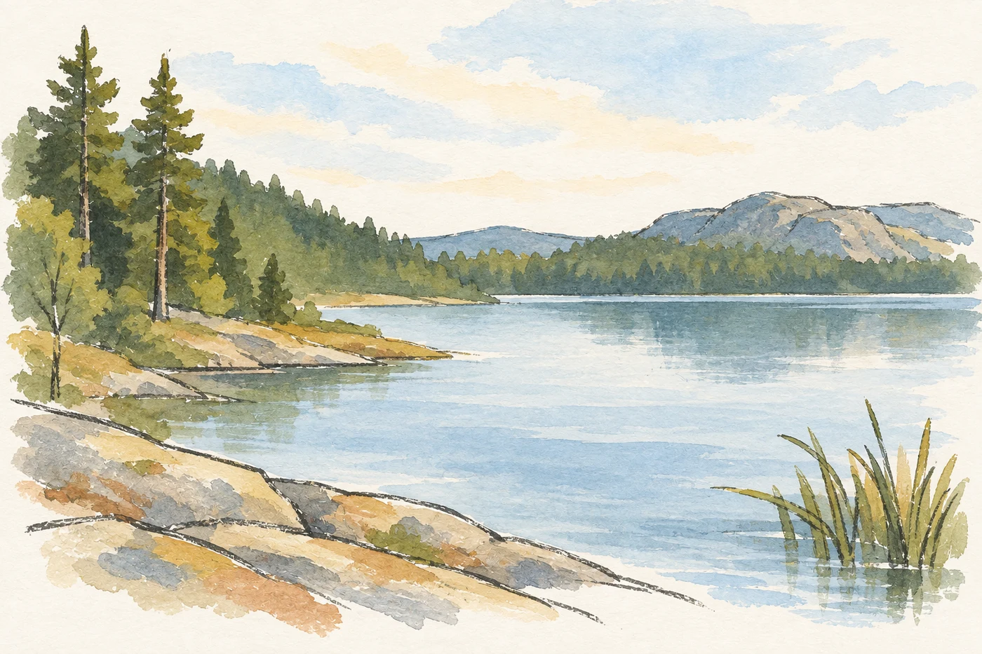 Großer See mit Schilfufer und angrenzendem Wald