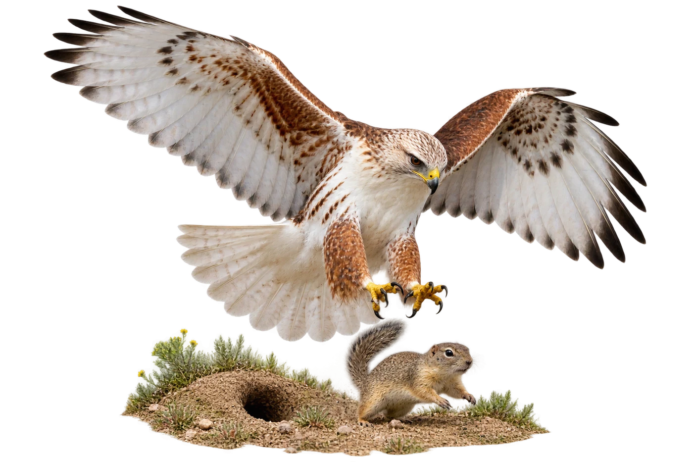 Königsbussard: Ansitzjagd · Suchflug · Jagd zu Fuß