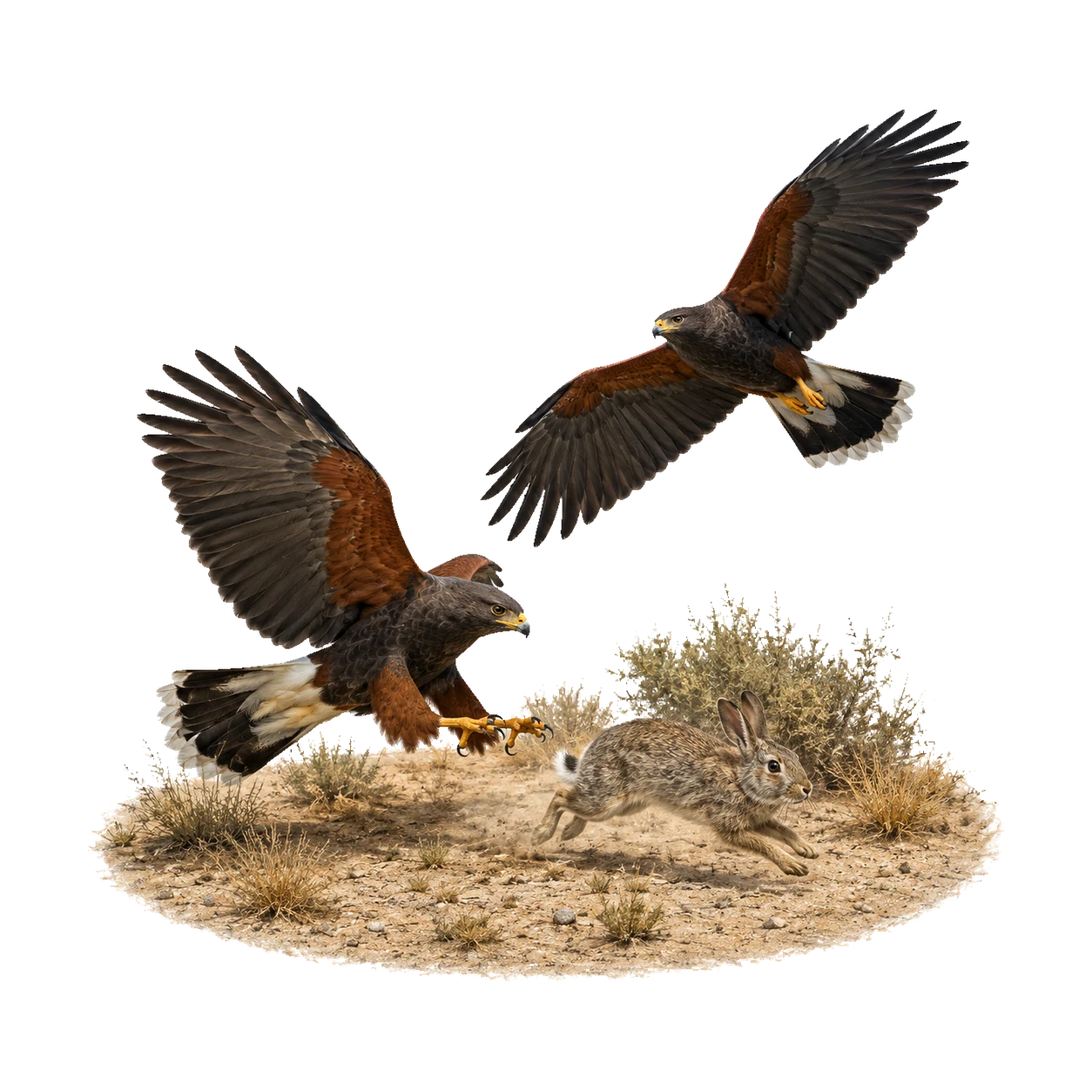 Wüstenbussard: Gemeinschaftsjagd · Jagd zu Fuß