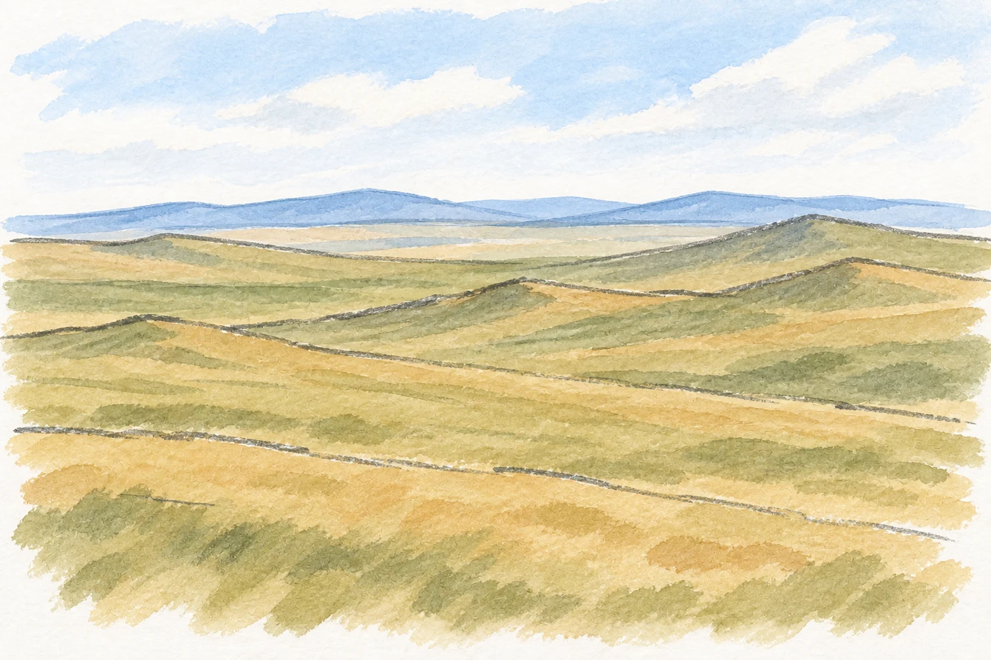Weite trockene Graslandschaft mit niedrigen Hügeln